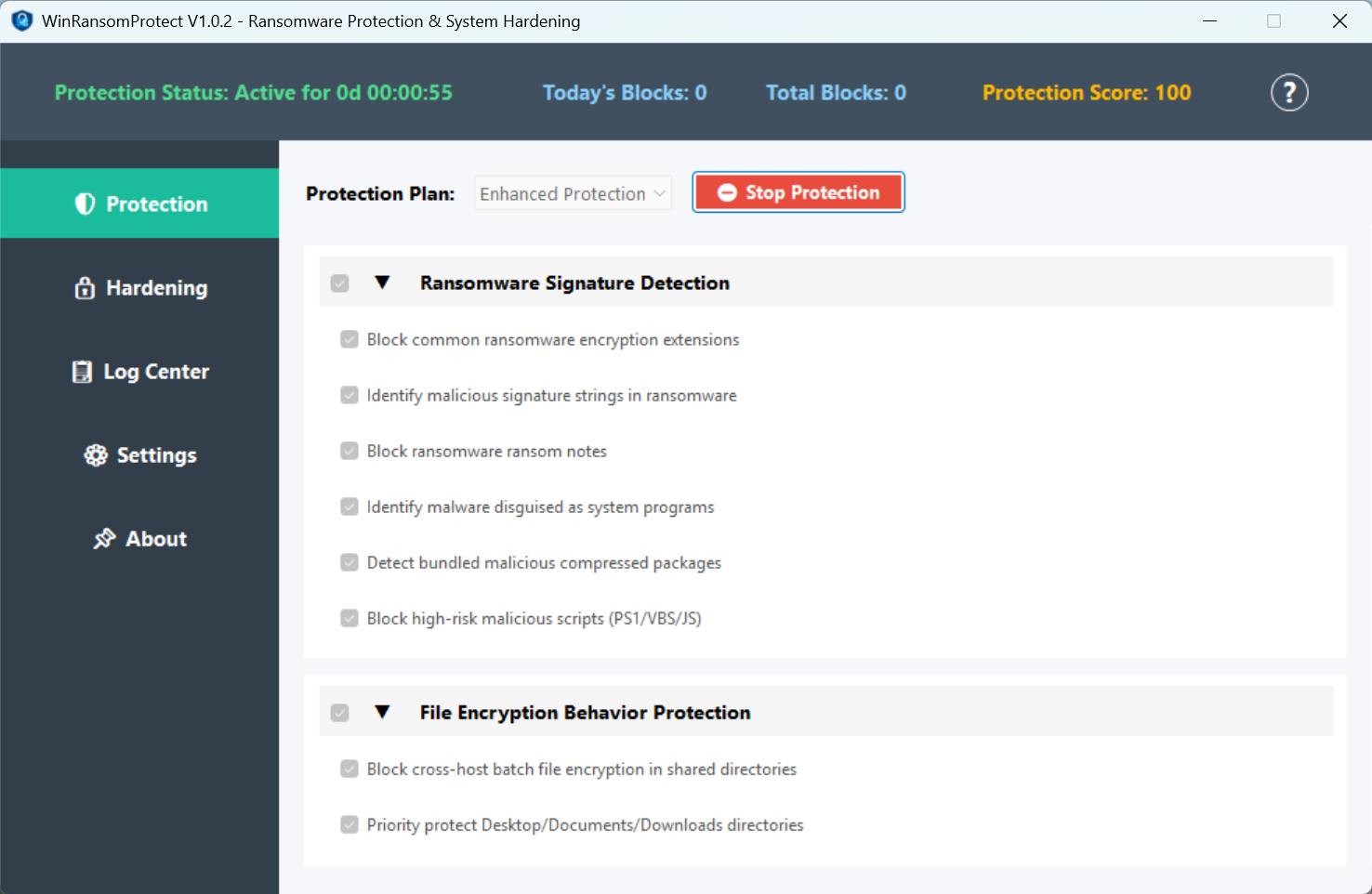 WinRansomProtect ransomware protection interface
