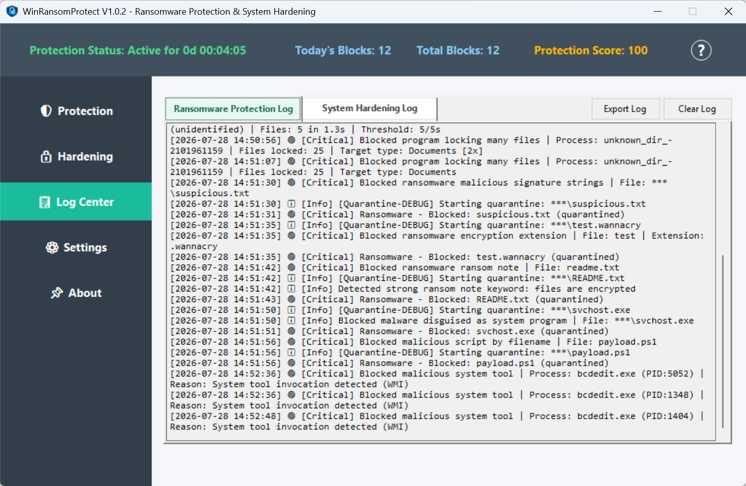 WinRansomProtect system hardening interface
