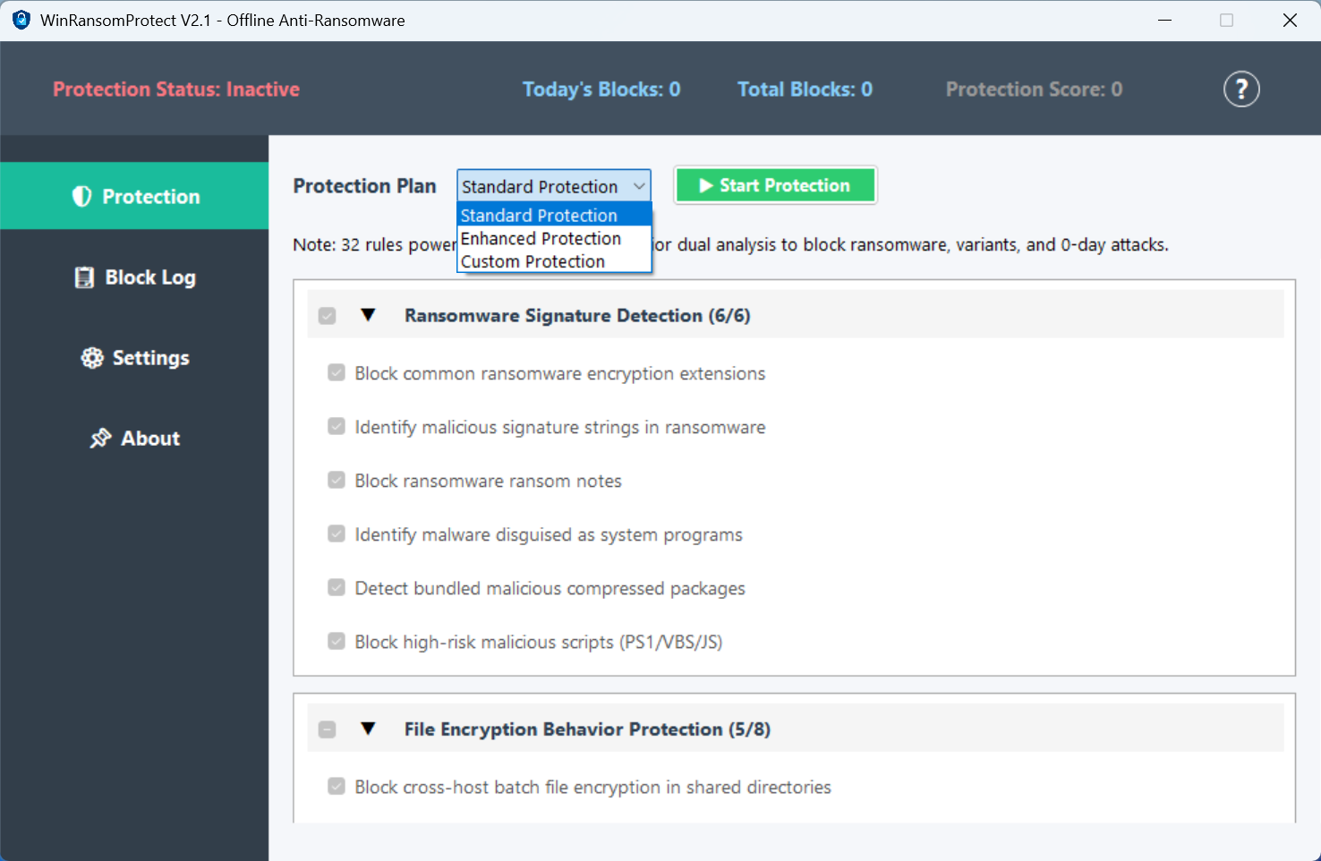 WinRansomProtect protection interface