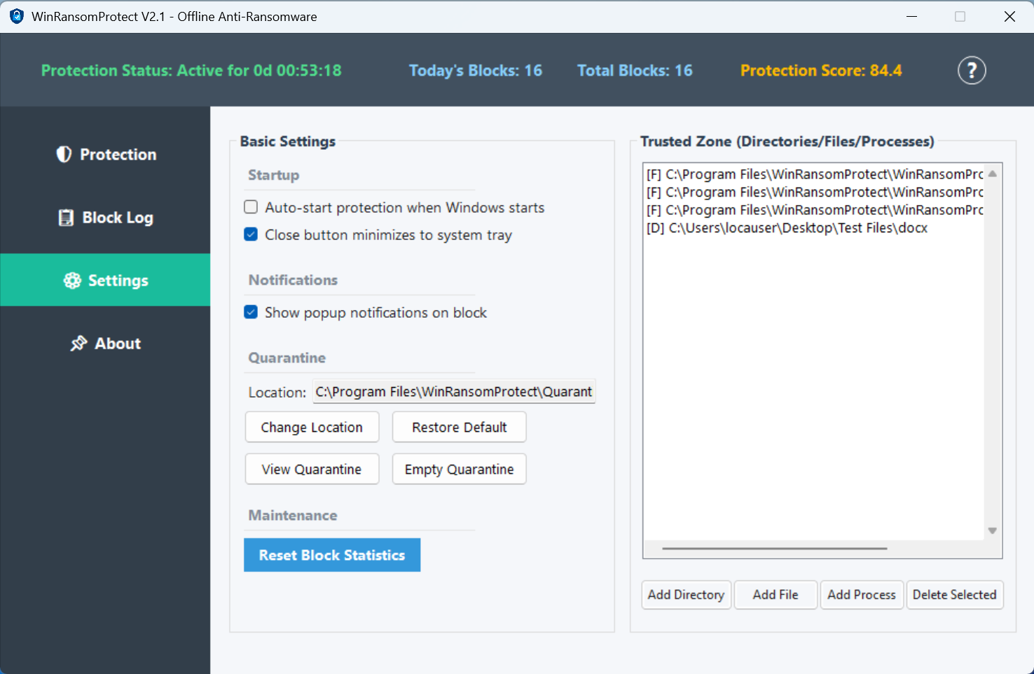 WinRansomProtect settings interface