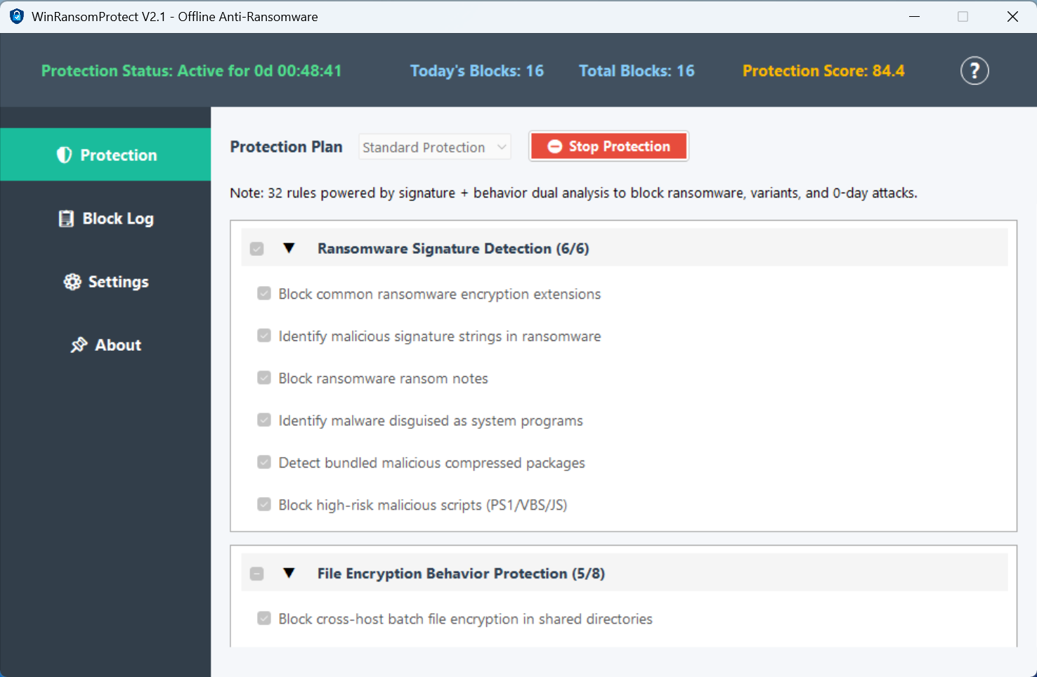 WinRansomProtect main screen