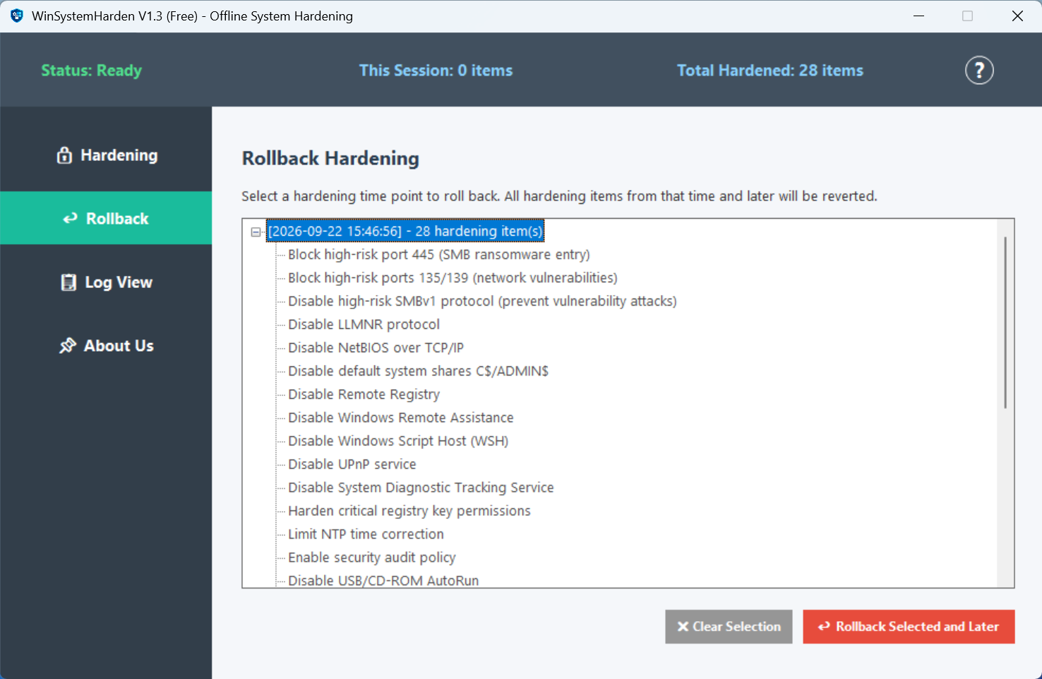 WinSystemHarden — Rollback Selection Dialog