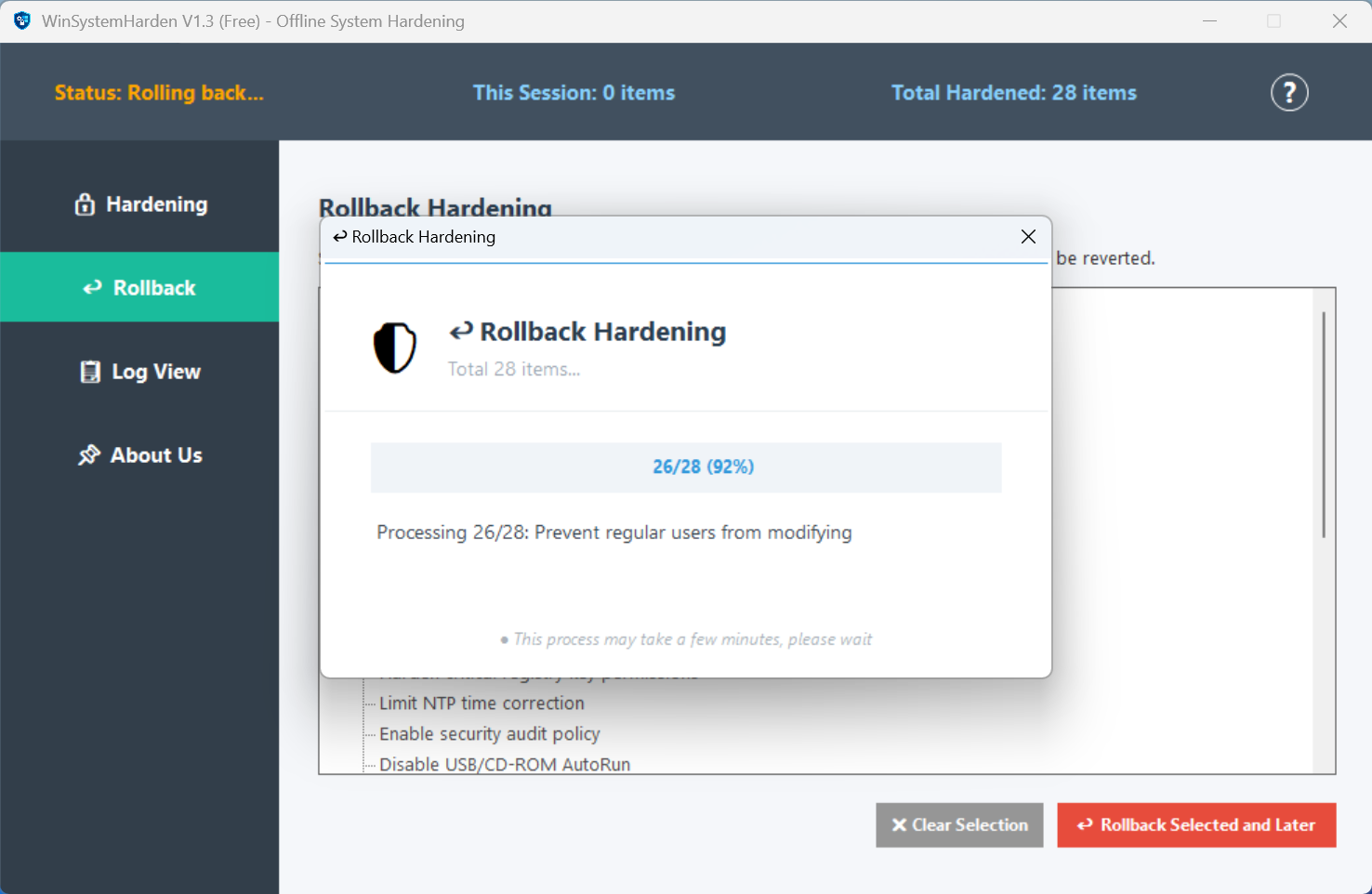 WinSystemHarden — Rollback Progress